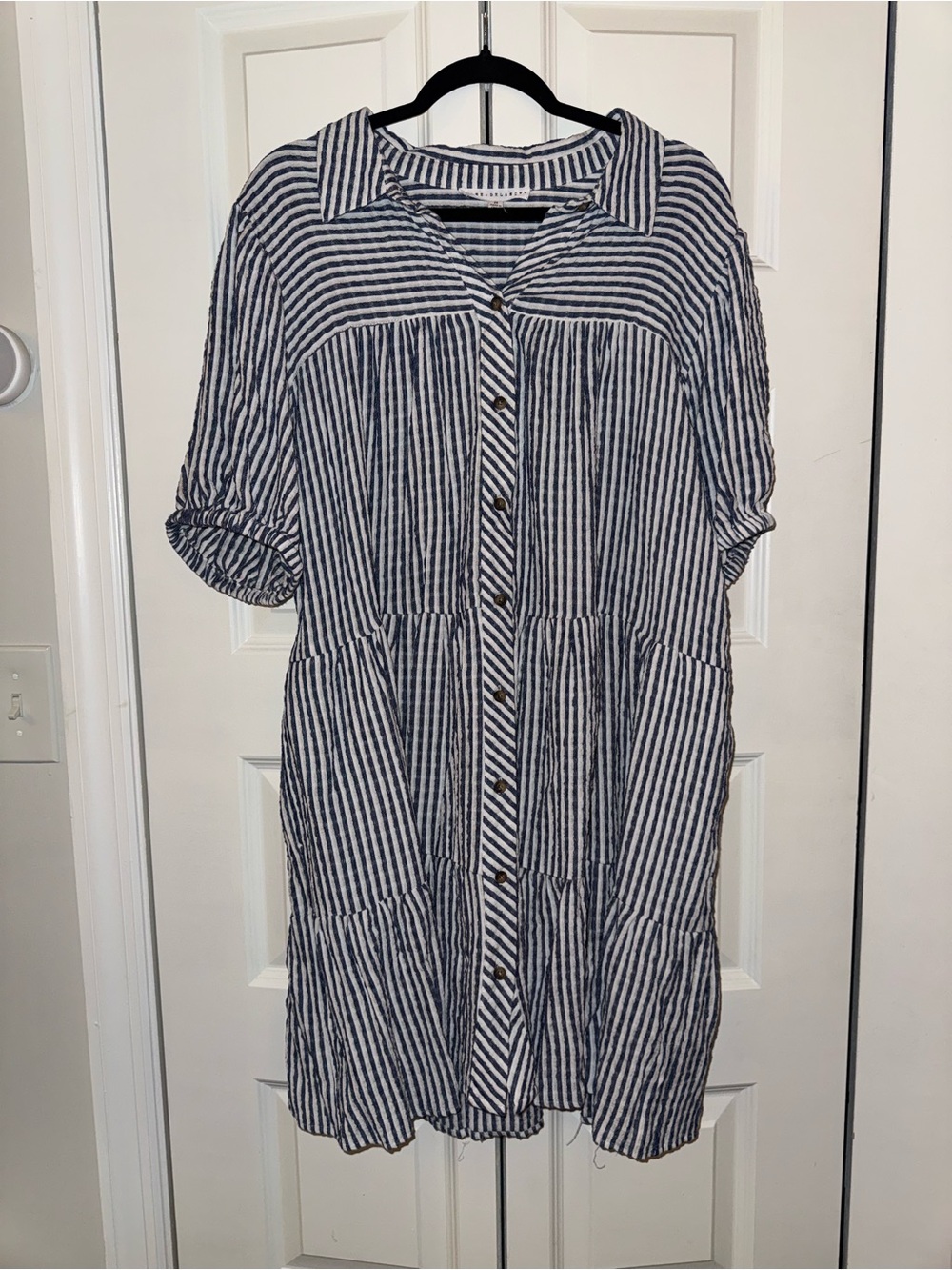 Jane and Delancey Navy and White Striped Button-Front Midi Dress